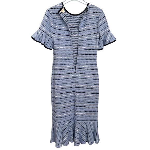 Shoshanna Size 4 Sophie Stripe Midi Dress Blue Ruffle Hem Knit Statement Sleeve - Picture 5 of 7